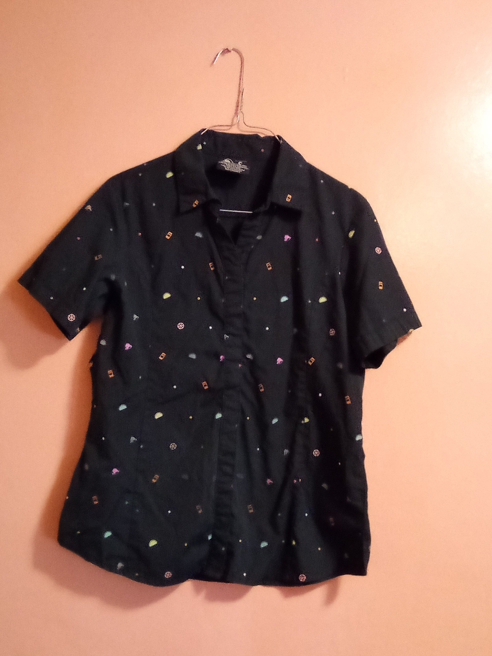 Black Short-Sleeve Women's Button Shirt with Multicolor Micro Print ( Bag H )